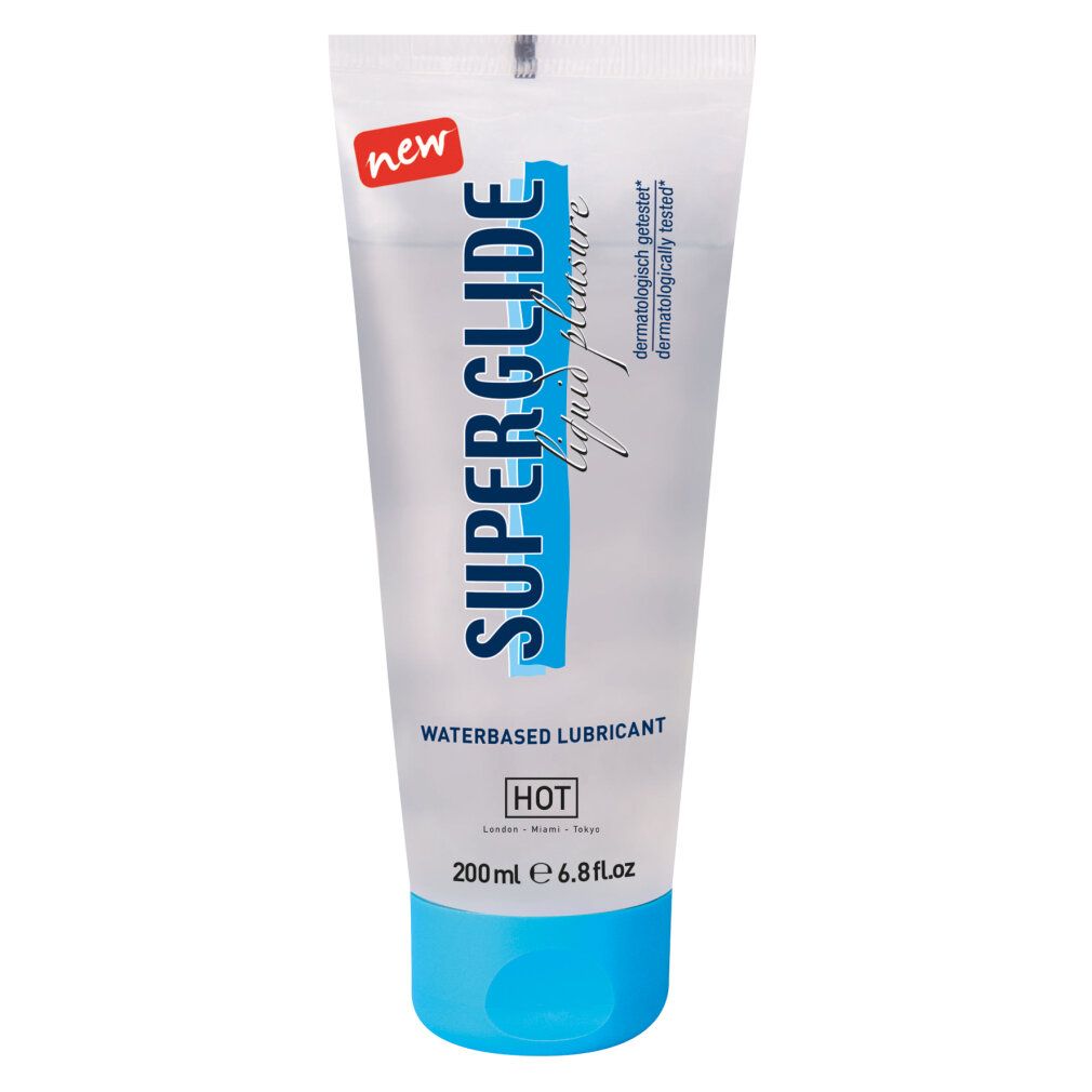 Transparente Tube mit blauem Verschluss. Aufschrift: SUPERGLIDE, waterbased lubricant, HOT. Mit rotem 'new' Aufkleber.