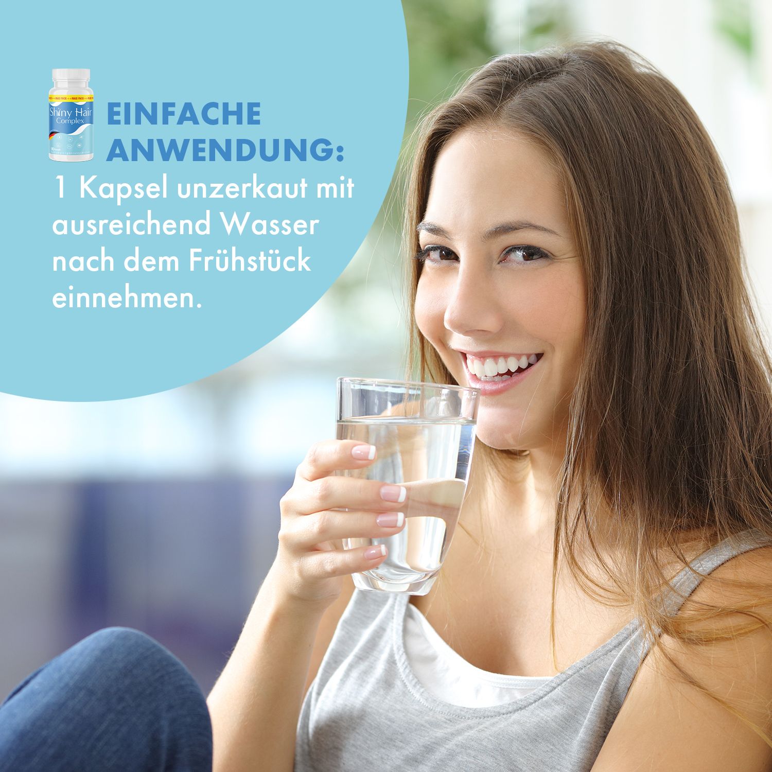 Frau trinkt Wasser aus einem Glas. Kleine Kapsel-Flasche im Bild. Textbox mit Anwendungshinweis.