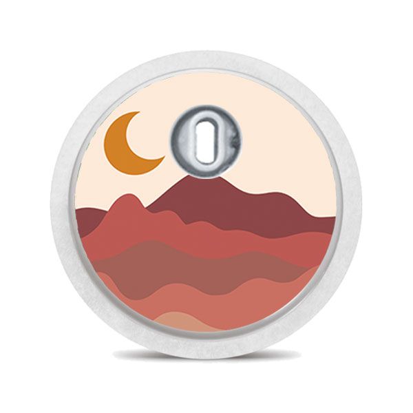 Runder Aufkleber mit Mond und Berglandschaft. Beige, braune Farbtöne. Für medizinische Geräte.