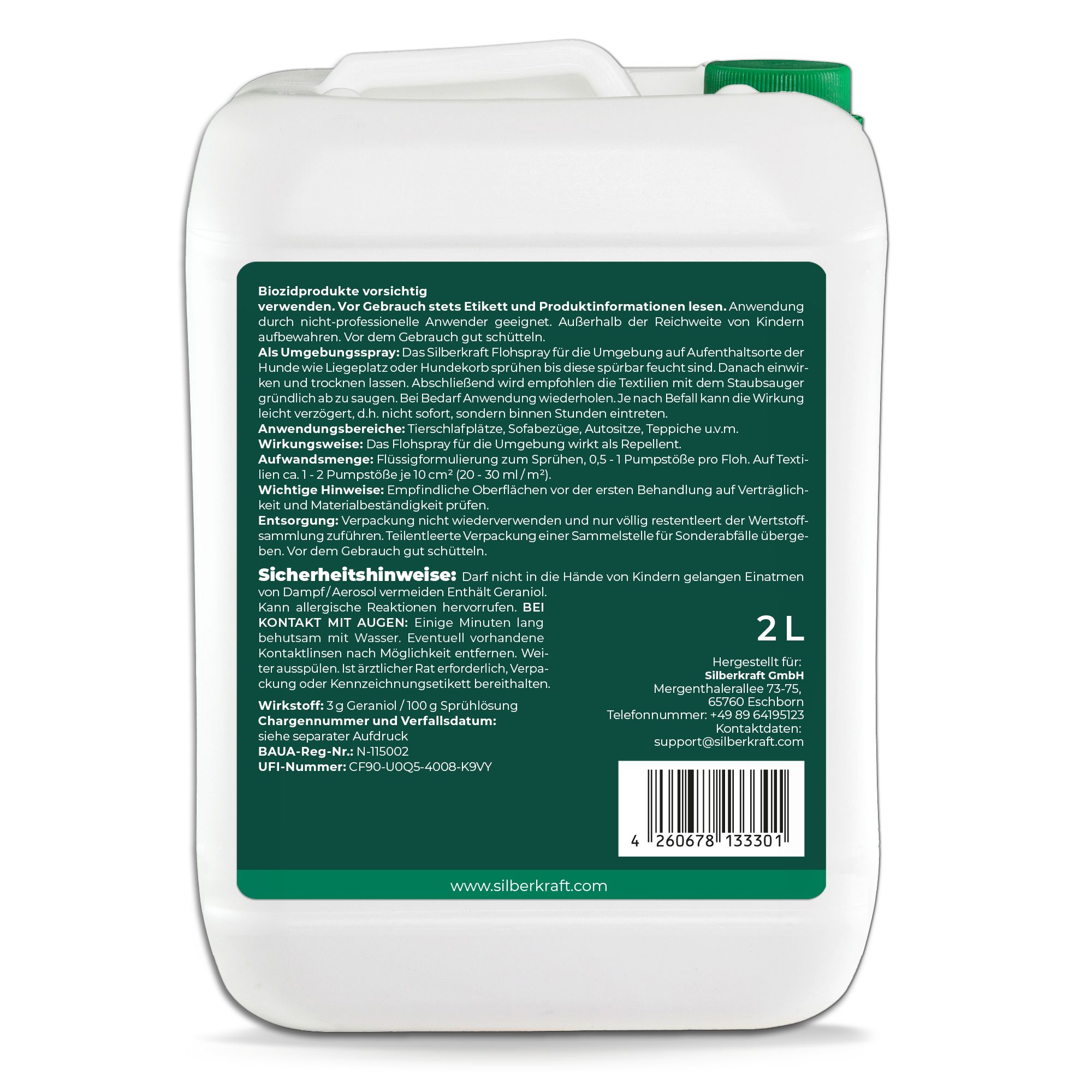 Rückseite des 2L Kanisters SILBERKRAFT Flohspray. Text: Anwendungshinweise, Sicherheitshinweise, Inhaltsstoffe, Herstellerinformationen.