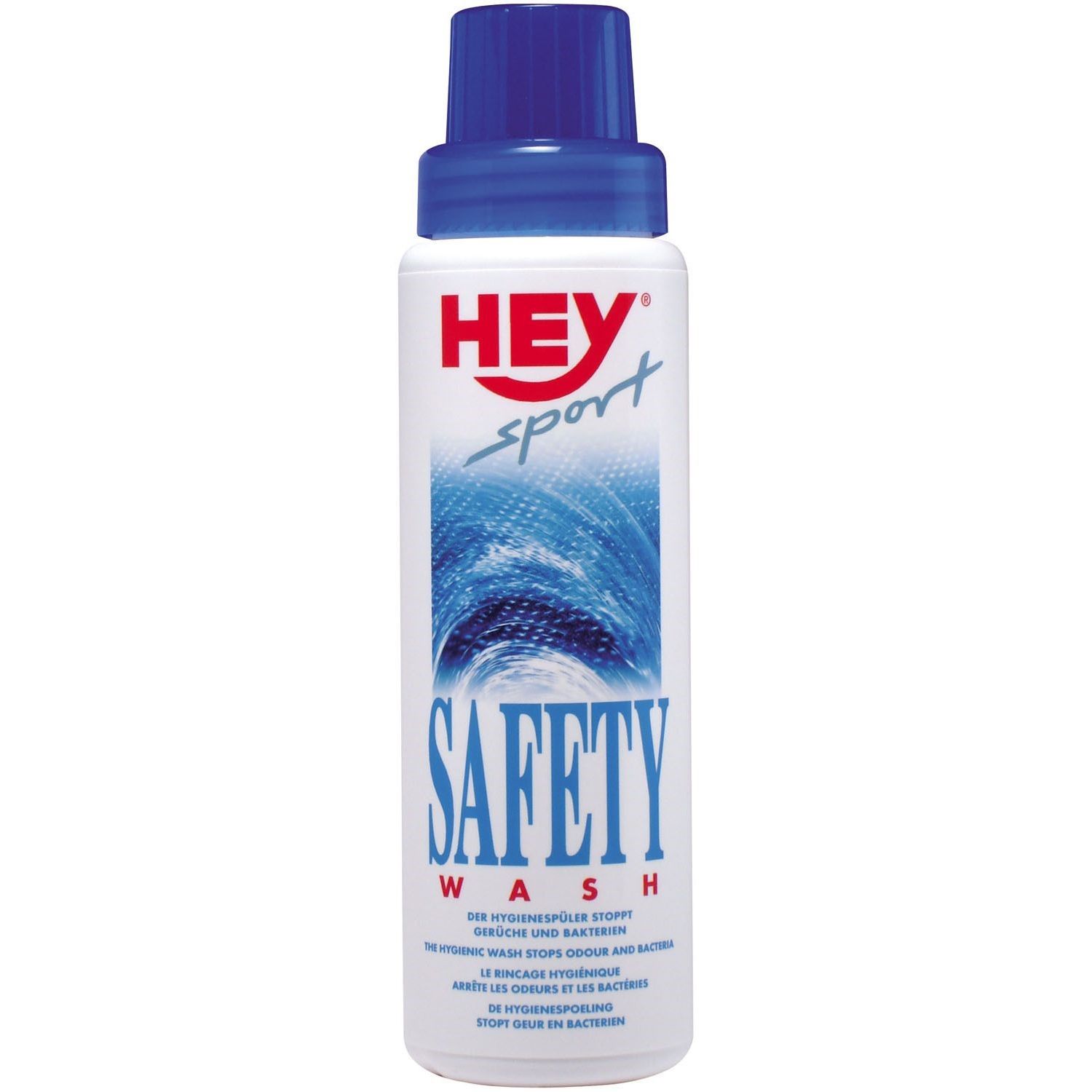 Weiße Flasche mit blauem Deckel. Aufschrift: HEY sport SAFETY WASH. Text in Deutsch und Französisch.