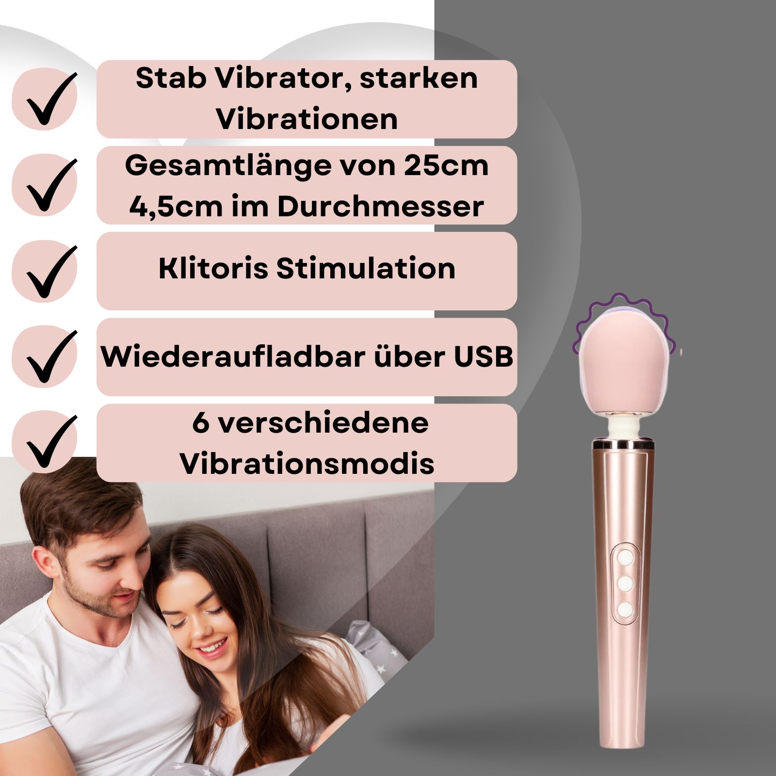 Stabvibrator, rosa. Roségoldfarbenes Gehäuse. Hintergrund: Hände.