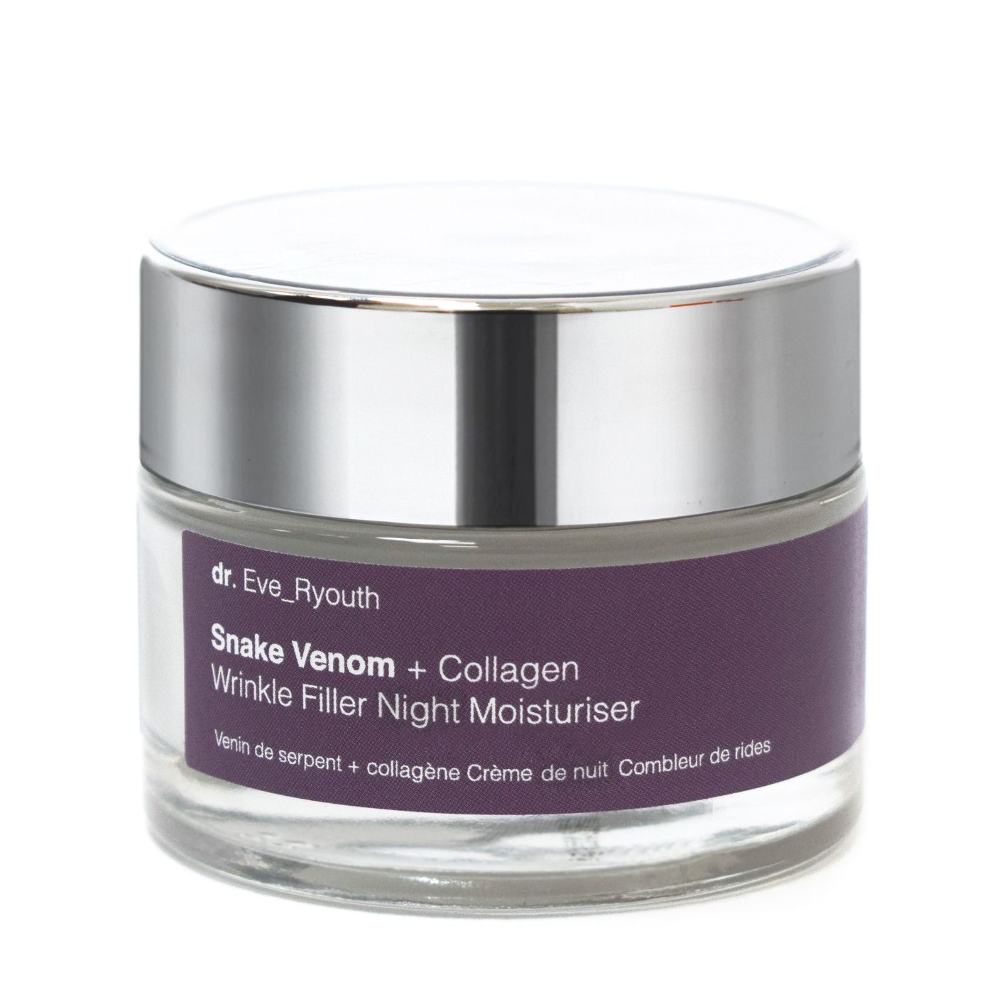 Glasbehälter mit silbernem Deckel und lila Etikett. Text: Snake Venom + Collagen Wrinkle Filler Night Moisturiser. Marke: Dr. Eve_Ryouth.