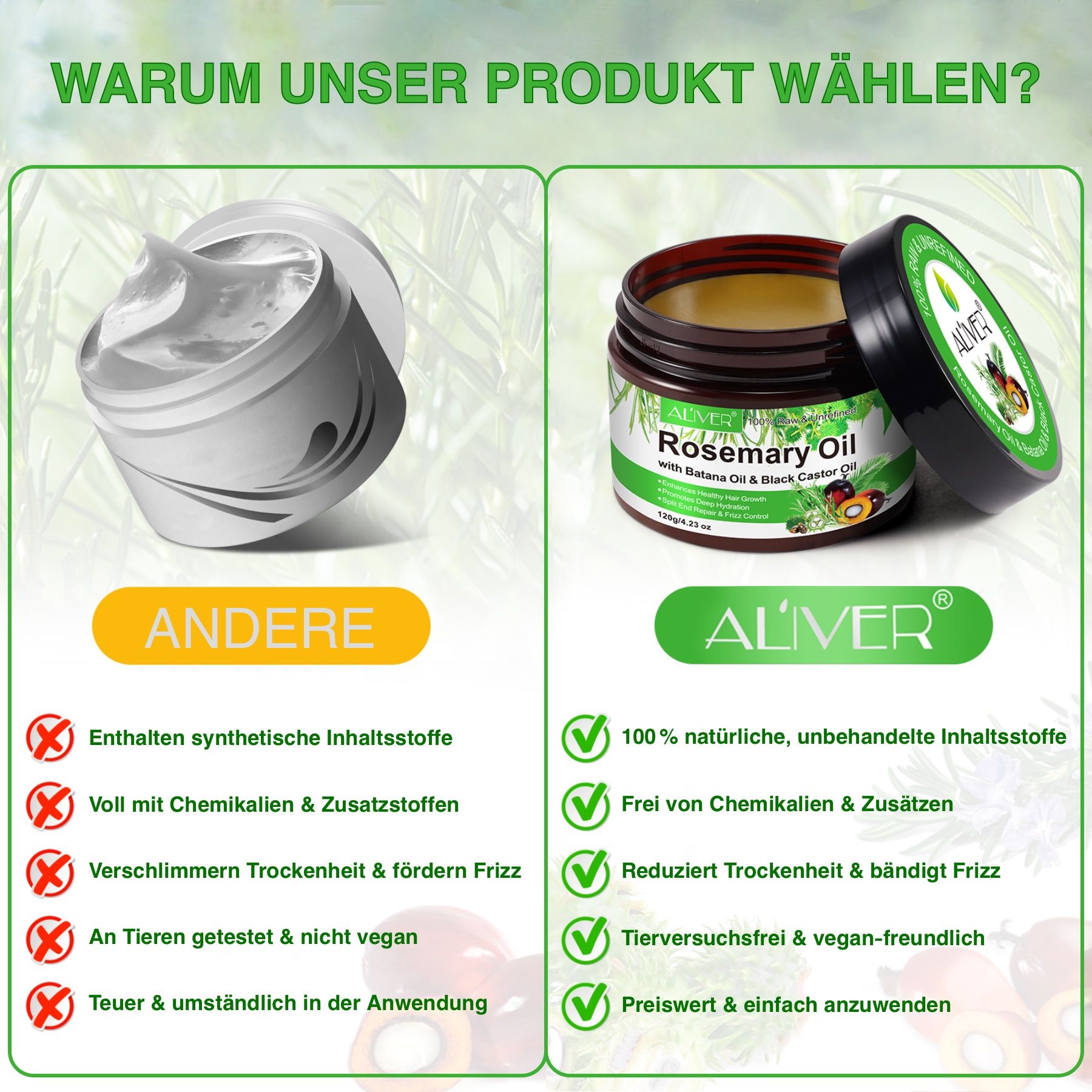 Vergleich: ALIVER vs. andere Produkte. ALIVER: 100% natürlich, ohne Chemikalien, tierversuchsfrei, vegan, preiswert.