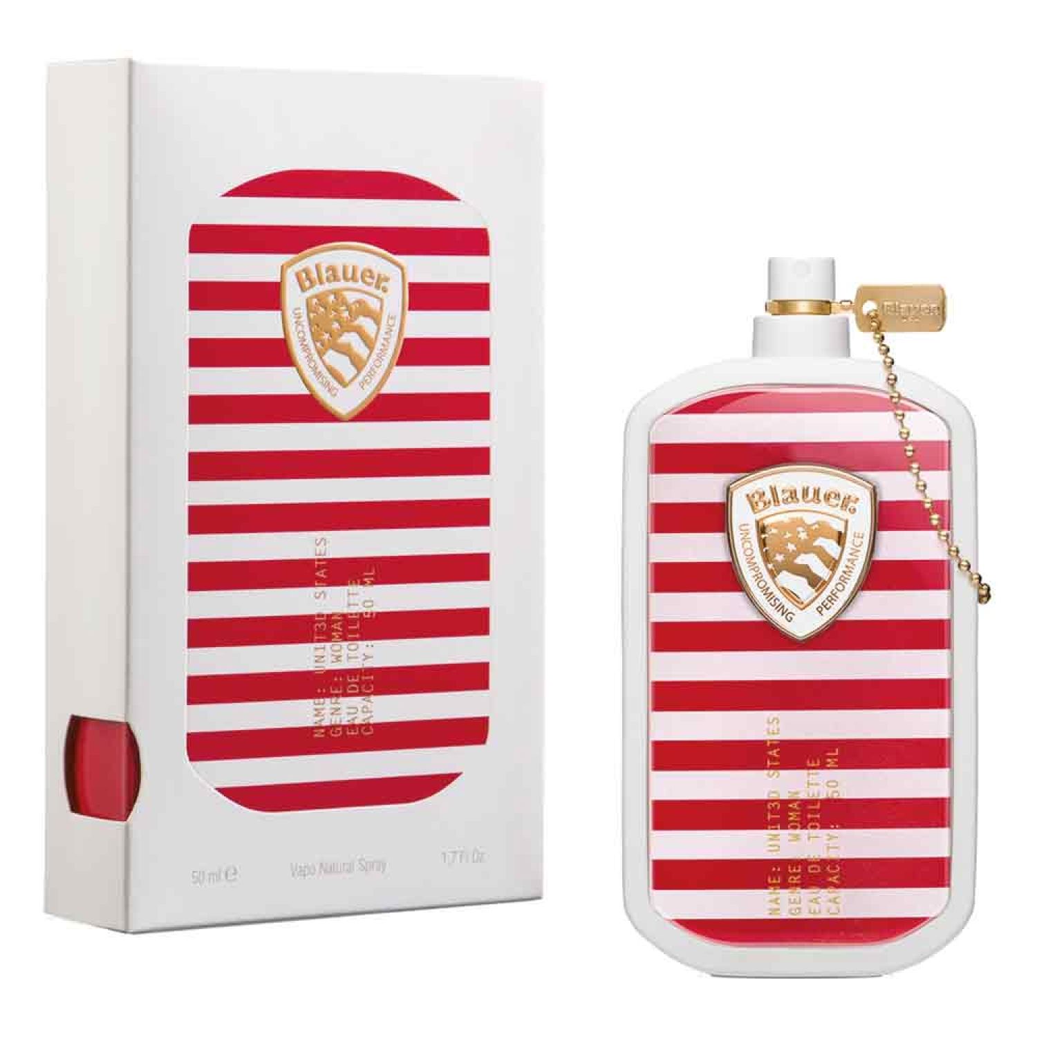 Weiße Verpackung und Flakon mit roten Streifen. Goldfarbenes Logo mit Schriftzug und amerikanischer Flagge. Flakon mit Sprühkopf und Anhänger.