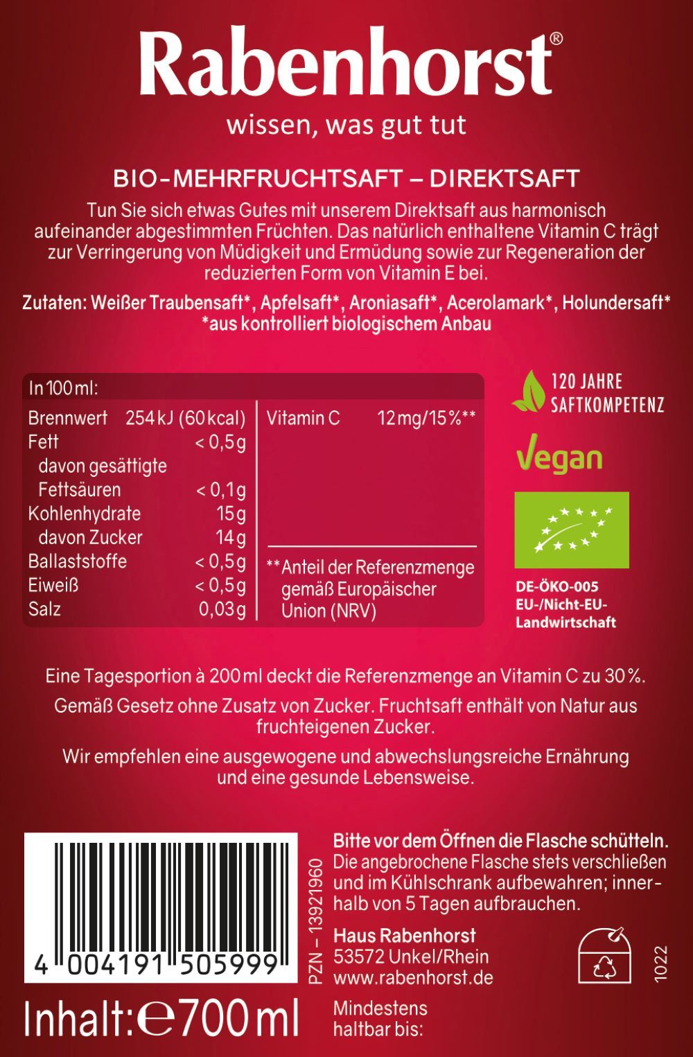 Rückseite der Flasche. Text mit Nährwertangaben und Zertifizierungen. "Rabenhorst" und "Vegan" sichtbar.