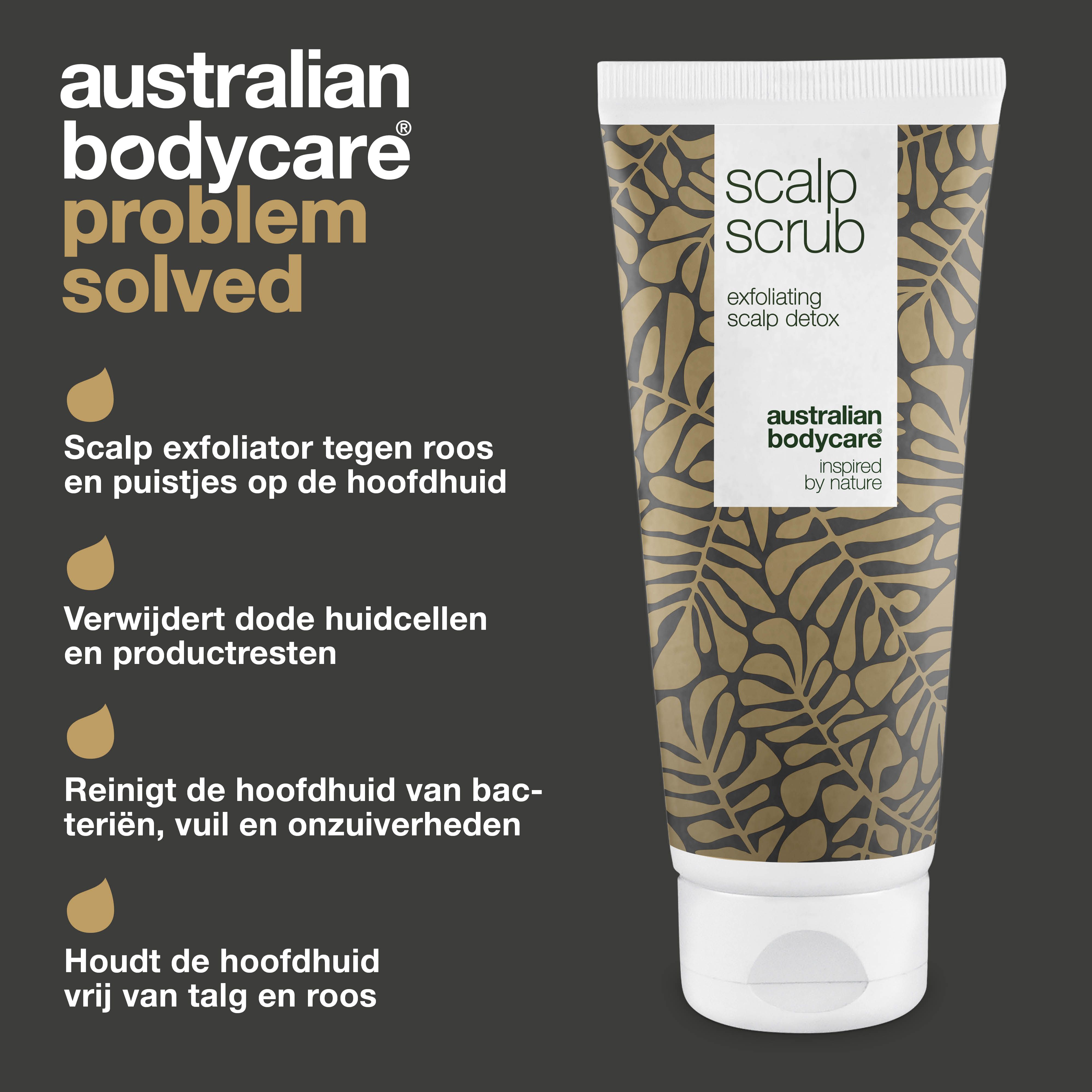 Tube hoofdhuidpeeling. Tekst: Australian Bodycare, Scalp Scrub. Opsomming: Goed tegen roos, puistjes, etc.