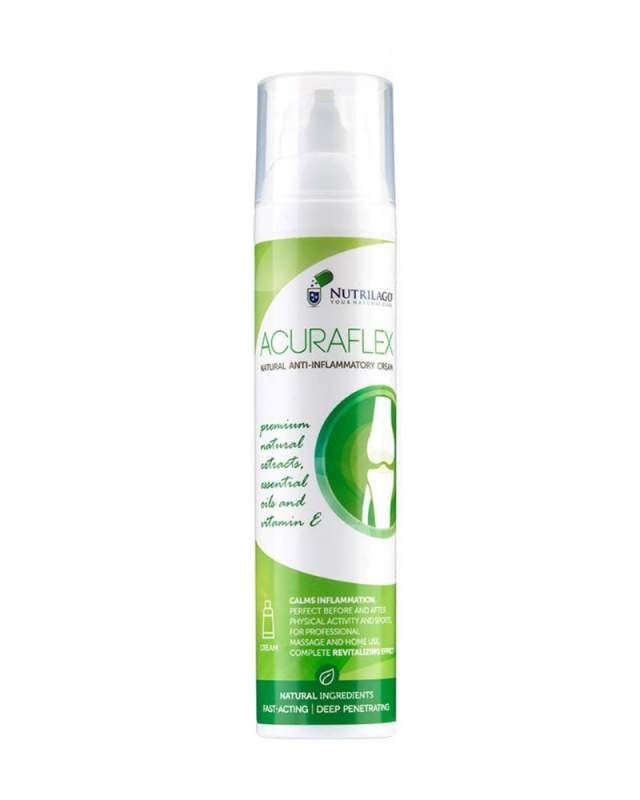 Creme-Tube. Aufschrift ACURAFLEX, Logo. Grün-weißes Design. Enthält natürliche Inhaltsstoffe, ätherische Öle und Vitamin E.