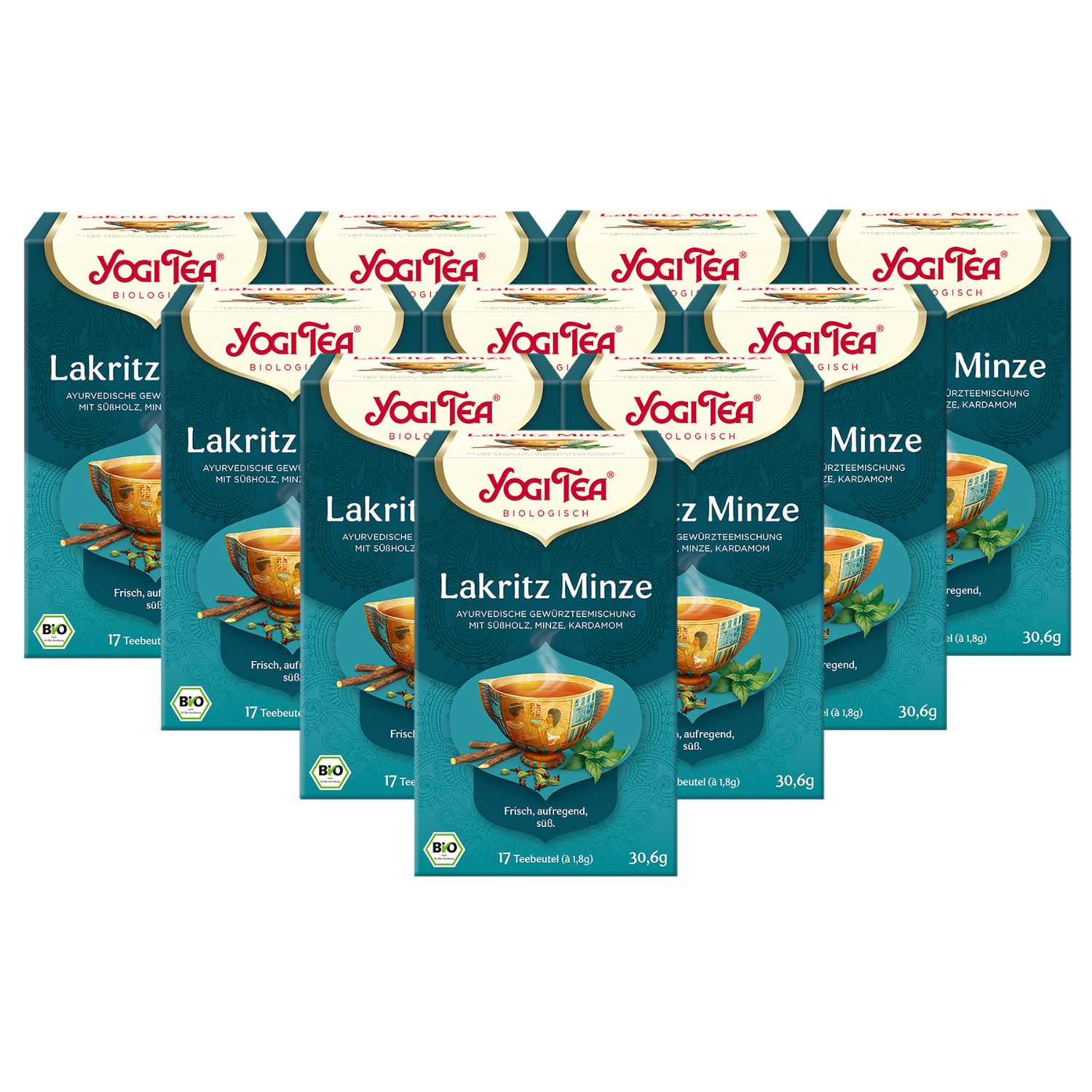 Mehrere Packungen Yogi Tea Lakritz Minze. Blaue Verpackung mit Logo, Tasse, Kräutern und Schriftzug. Bio-Siegel.