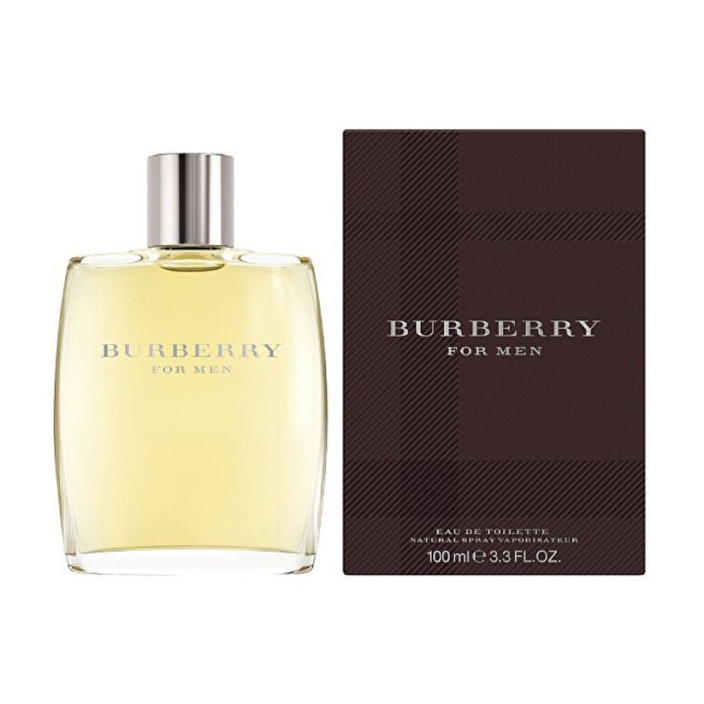 Burberry Eau de Toilette für Herren. Flakon und Verpackung. Braune Verpackung mit Logo. Glasflakon mit silbernem Verschluss.