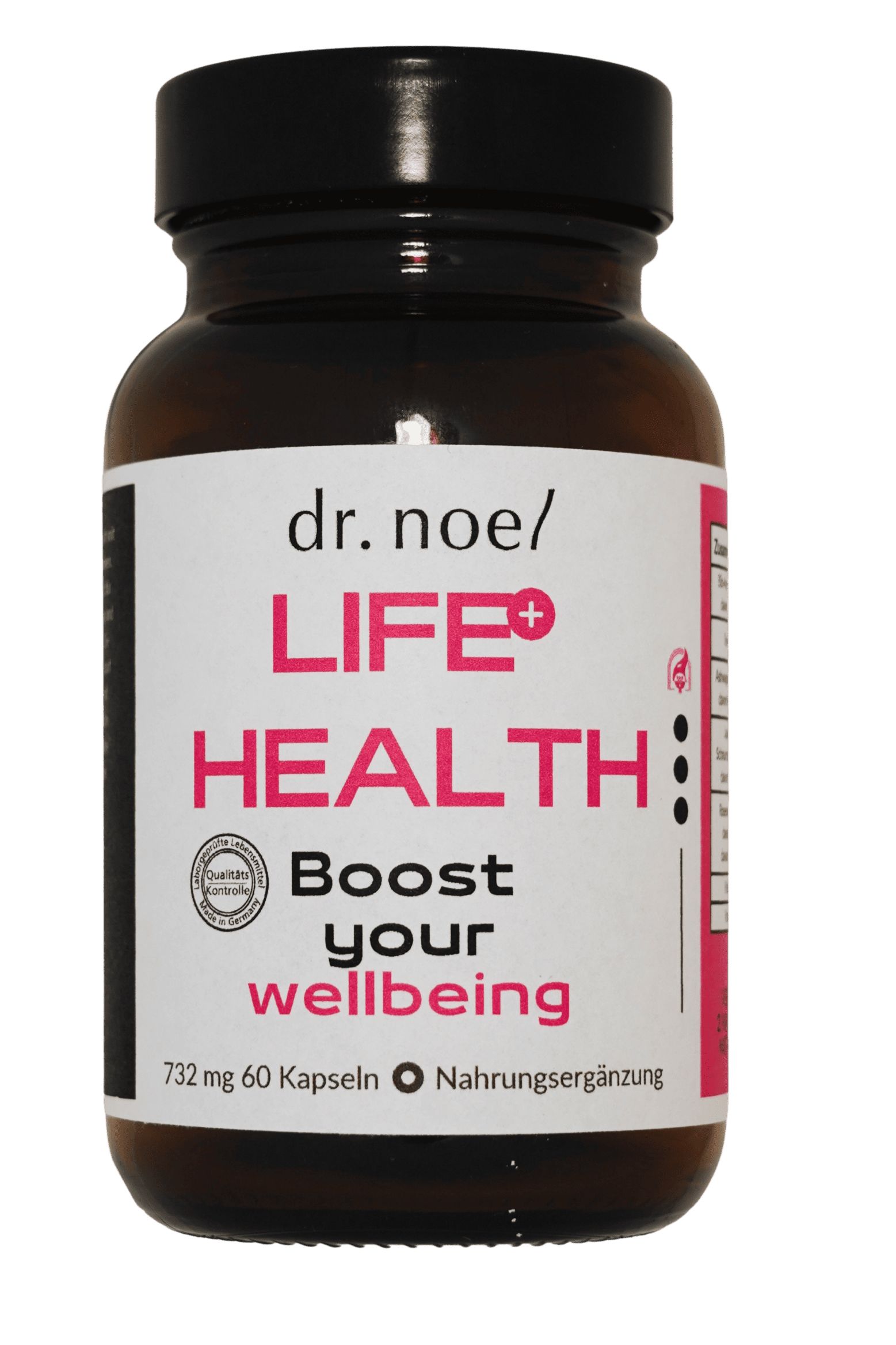 Braune Glasflasche mit schwarzem Deckel und Etikett. Aufschrift: Dr. Noel Life+ Health, Boost your wellbeing. Nahrungsergänzungsmittel. Qualitätssiegel.