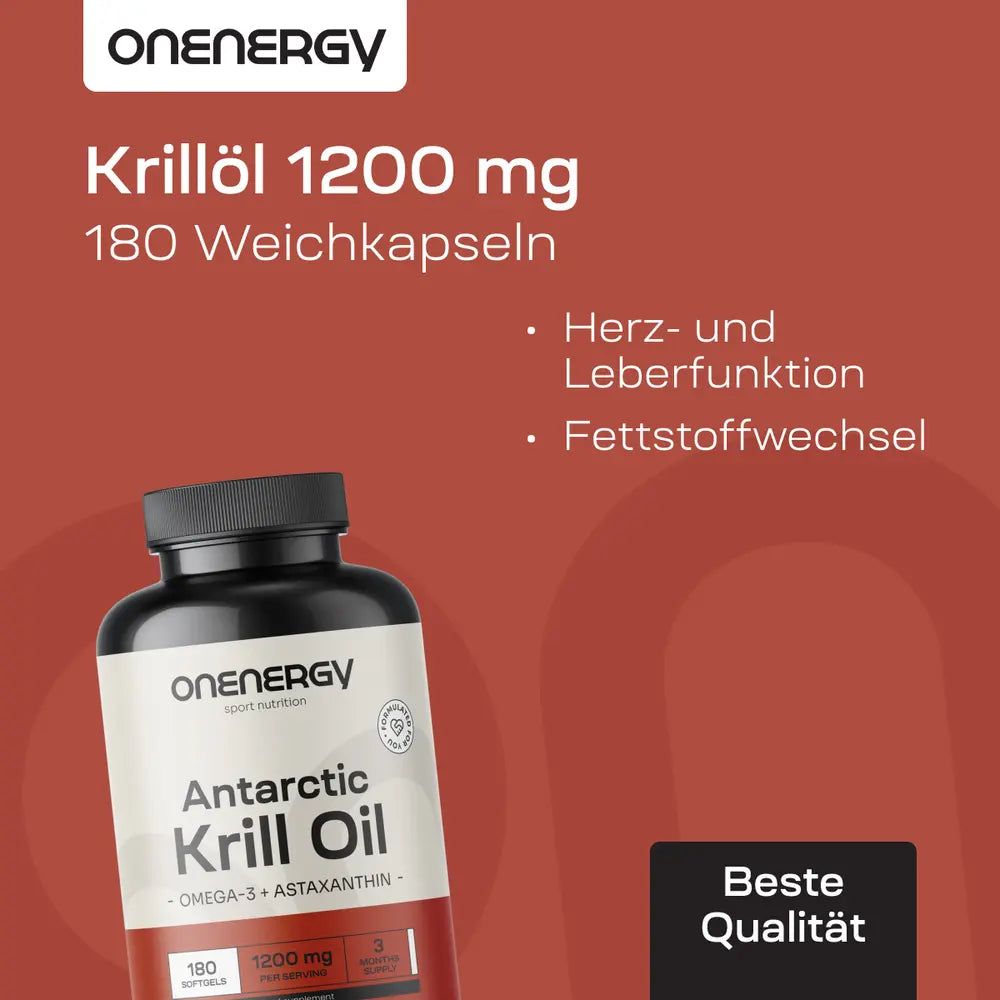 Produktabbildung. Flasche mit Kapseln. Text: Krillöl 1200 mg, 180 Weichkapseln. Logo: OnEnergy. Text: Herz- und Leberfunktion, Fettstoffwechsel. Beste Qualität.