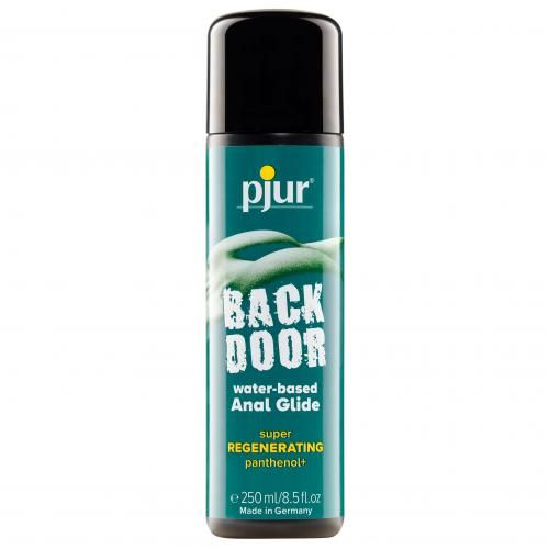 Zylindrische Flasche mit schwarzem Deckel. Aufschrift: pjur, BACK DOOR, Anal Glide, panthenol+. Volumen: 250 ml. Hergestellt in Deutschland.