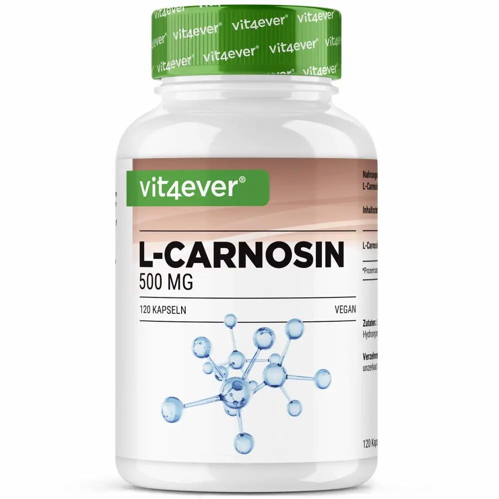 Weiße Flasche mit grünem Deckel. Aufschrift: vit4ever, L-Carnosin 500 MG, 120 Kapseln, vegan.