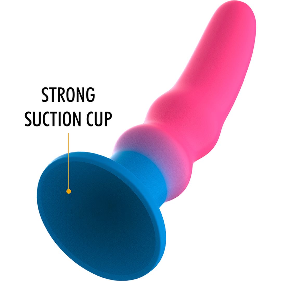 Dildo mit Saugnapf. Zweifarbig: Pink und Blau. Text: STRONG SUCTION CUP.
