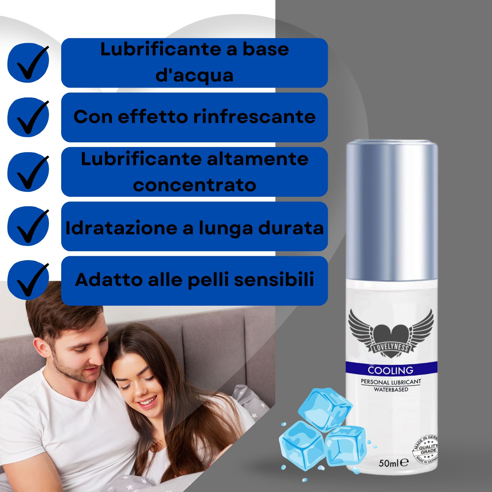 Gleitgel-Flasche. Text: Cooling, Personal Lubricant, Waterbased. 50ml. Paar und Eiswürfel.