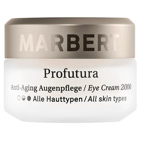 Cremebehälter mit Deckel. Aufschrift MARBERT, Profutura, Anti-Aging Augenpflege / Eye Cream 2000, Alle Hauttypen / All skin types.