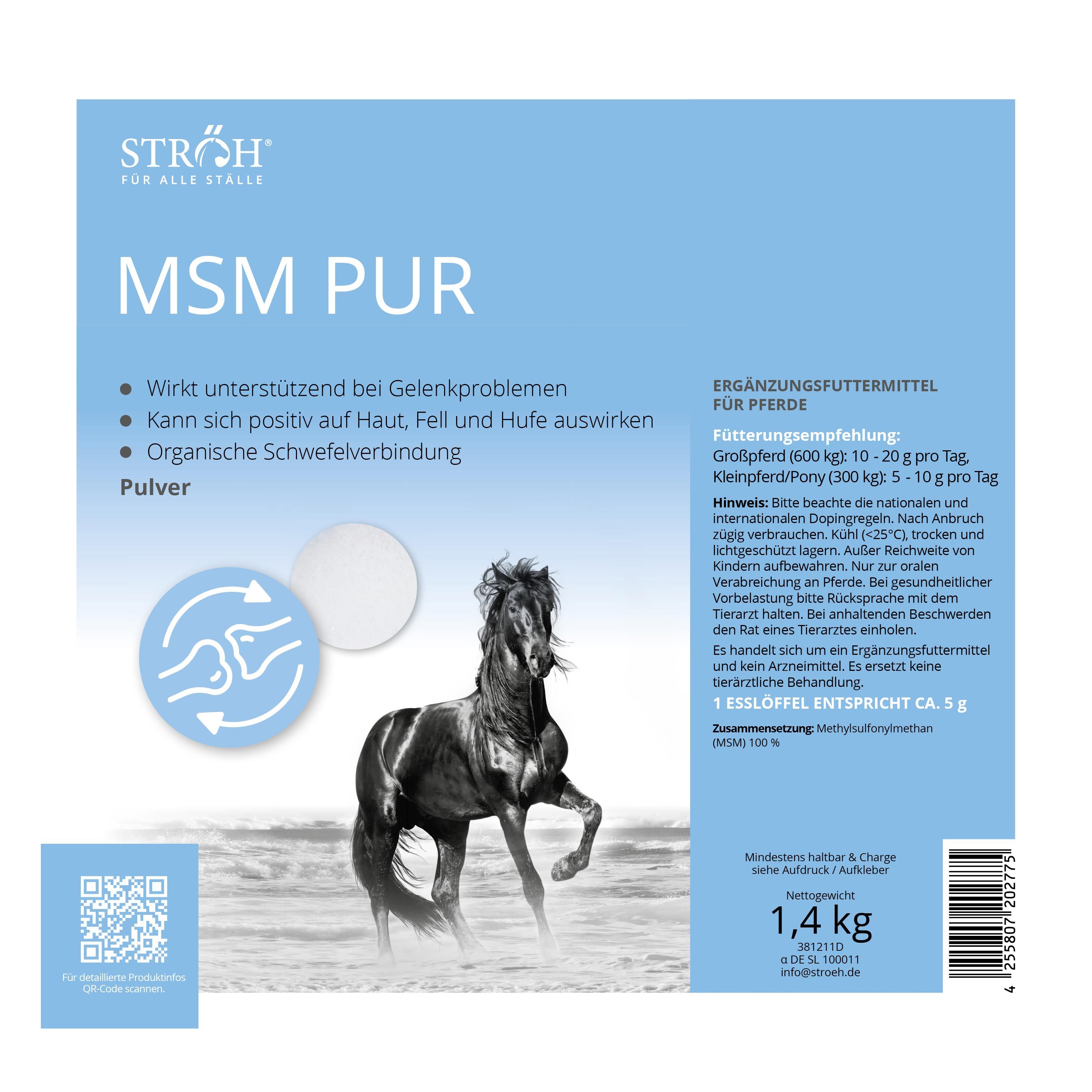 Blau-weiße Verpackung mit Produktnamen MSM PUR. Abbildung eines Pferdes. Text: Ergänzungsfuttermittel für Pferde. 1,4 kg.