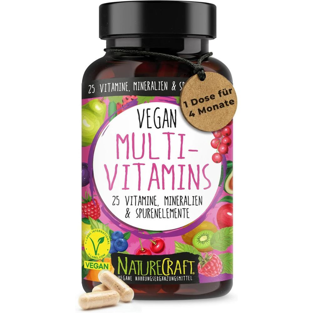 Braune Flasche mit schwarzen Deckel. Aufschrift: Vegan Multi-Vitamins. Enthält 25 Vitamine, Mineralien & Spurenelemente. Mit Kapseln.