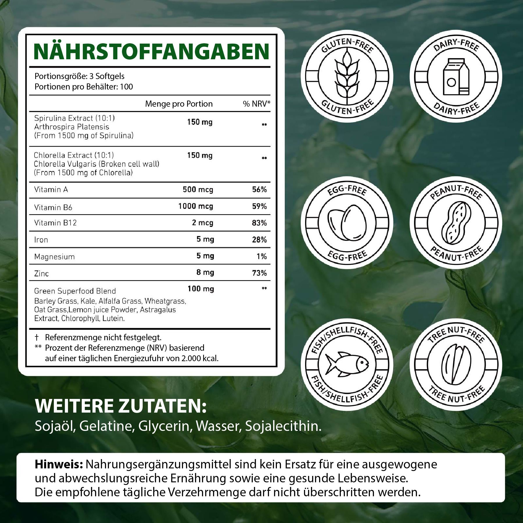 Nährwertangaben und Zertifizierungen für P-Beauty Spirulina Chlorella Softgels.