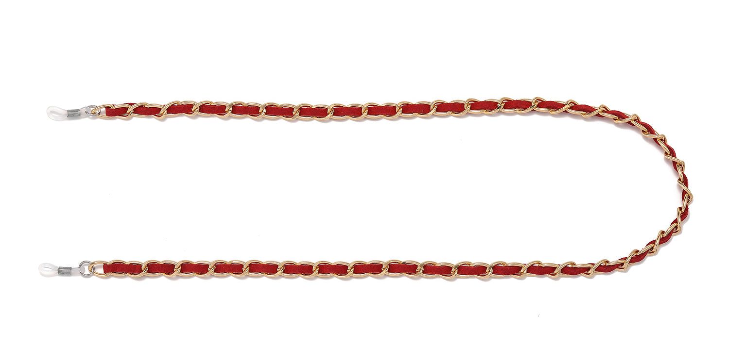 Brillenkette mit rotem Stoff und goldfarbenen Kettengliedern. Transparente Schlaufen an den Enden.