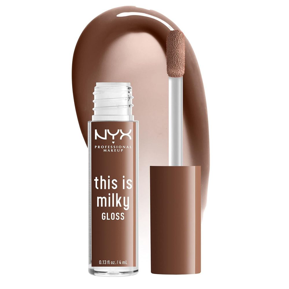 Brauner Lipgloss in einer transparenten Flasche. Der Applikator ist sichtbar, daneben ein Klecks Lipgloss. Auf der Flasche steht "NYX Professional Makeup".