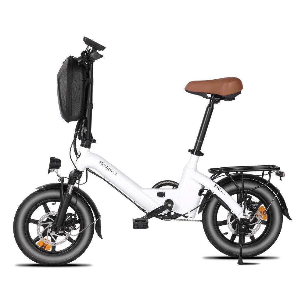Faltbares E-Bike, weiß, brauner Sattel, schwarze Reifen und Gepäckträger. Bodywel T16 Pro.