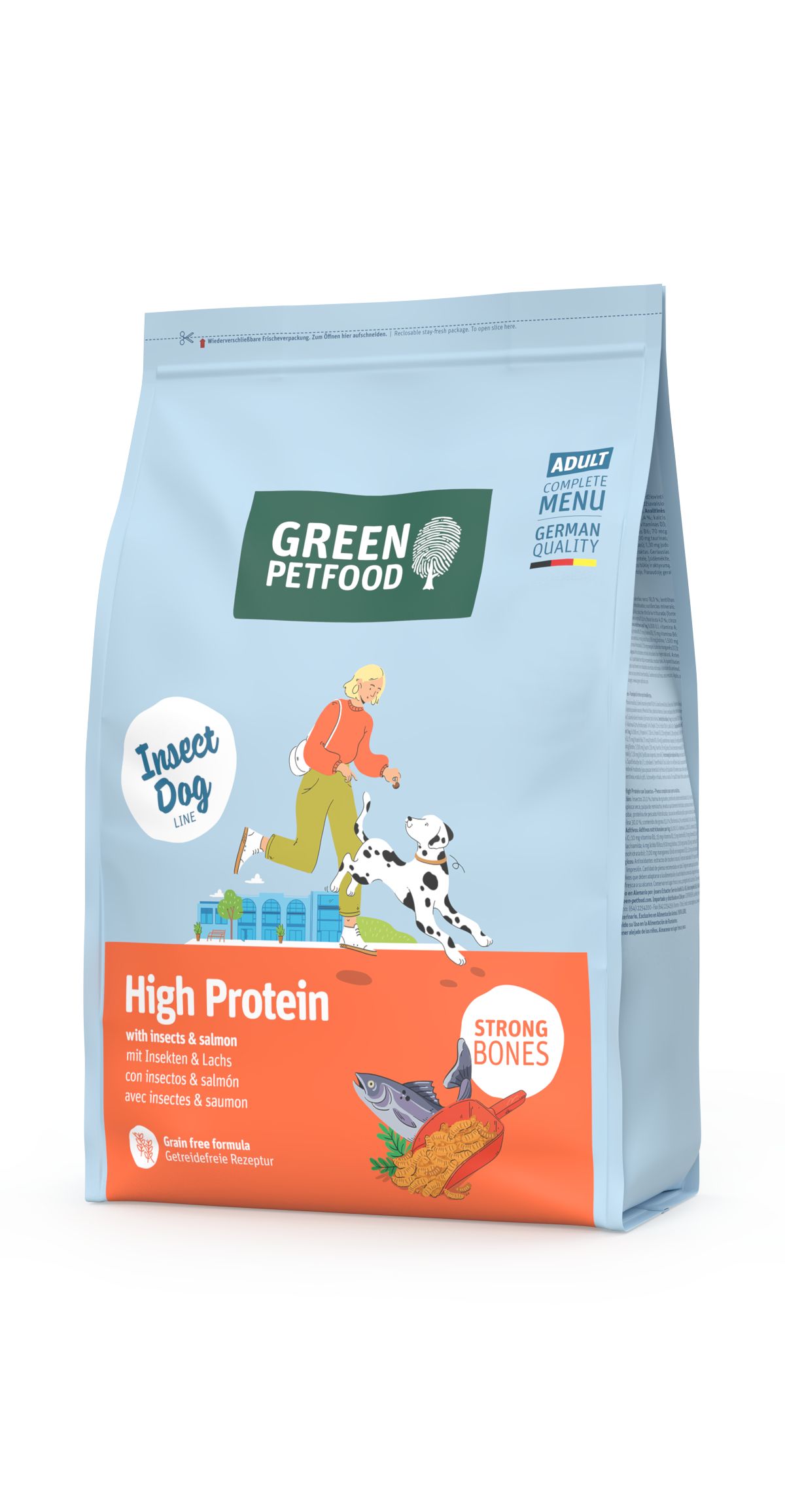 Green Petfood Insekt Dog High Protein Trockenfutter-Sack mit Illustration eines Hundes und Besitzers.