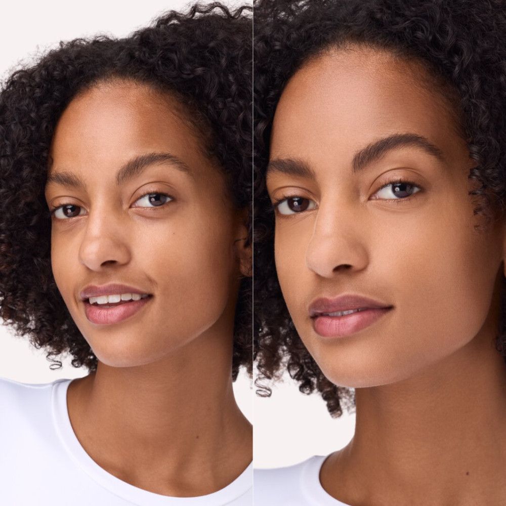 Zwei Nahaufnahmen eines Gesichts. Links: Gesicht mit Make-up. Rechts: Gesicht mit Make-up.