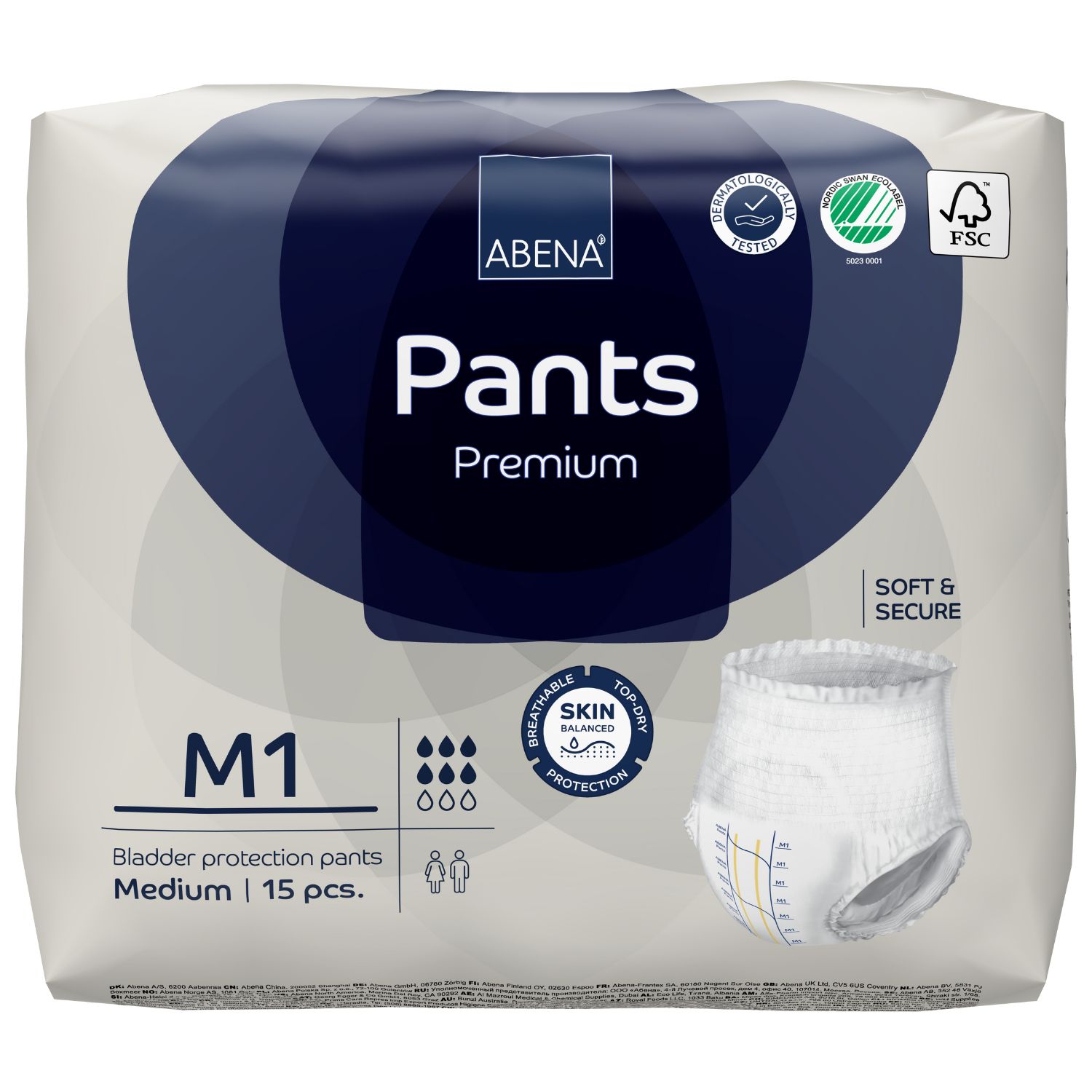 Verpackung Abena Pants Premium, Größe M1. Blauer Hintergrund mit Produktabbildung. FSC-Zertifizierung. 15 Stück.