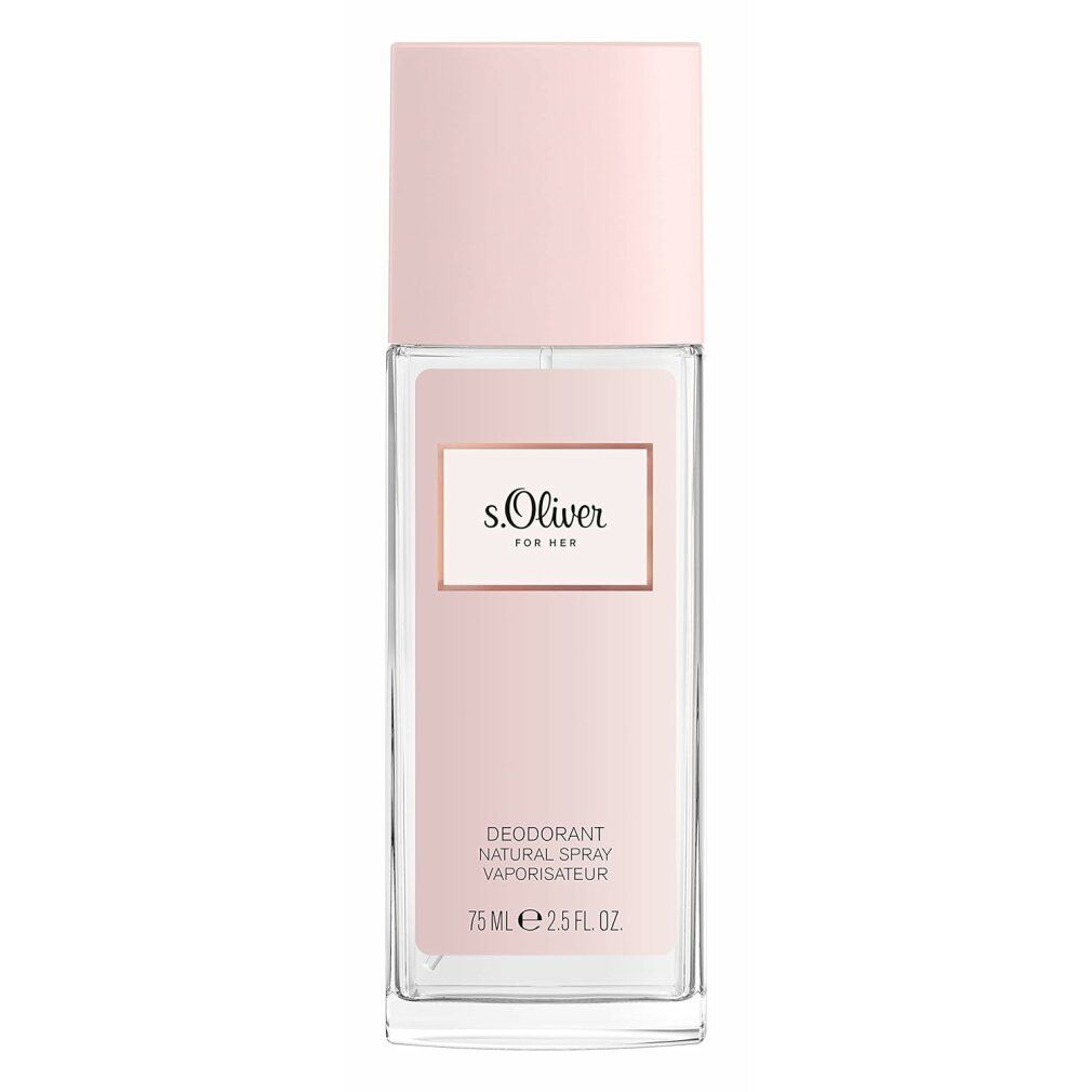Deodorant-Sprayflasche, rosa Deckel, rechteckig. Aufschrift: s.Oliver For Her, Deodorant Natural Spray, 75 ml.