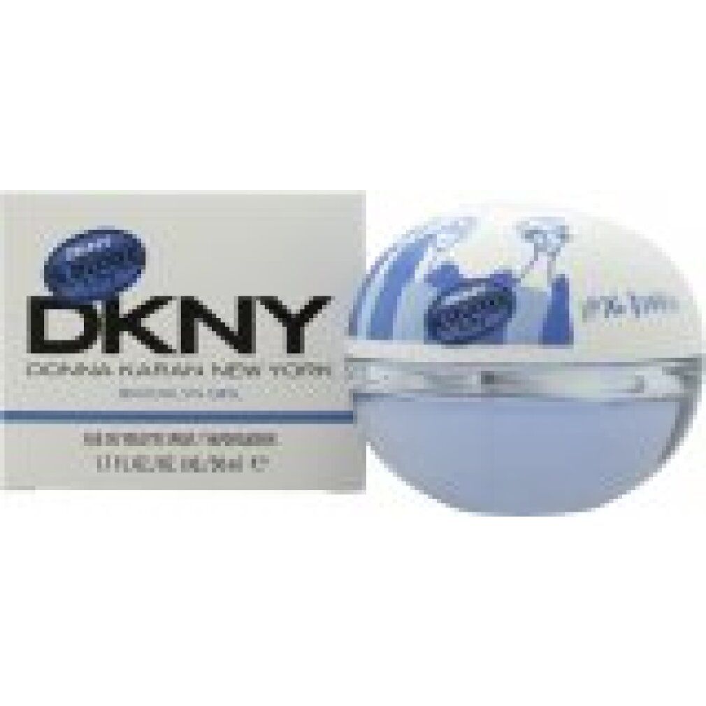 Runder Flakon und Schachtel. Flakon weiß-blau, mit Zeichnung. Schachtel mit DKNY-Logo und Produktbezeichnung.