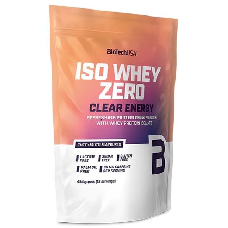Beutel mit BioTechUSA Iso Whey Zero Clear Energy. Text: "Tutti-Frutti", "Lactose Free", "Sugar Free", "Gluten Free", "Palm Oil Free".