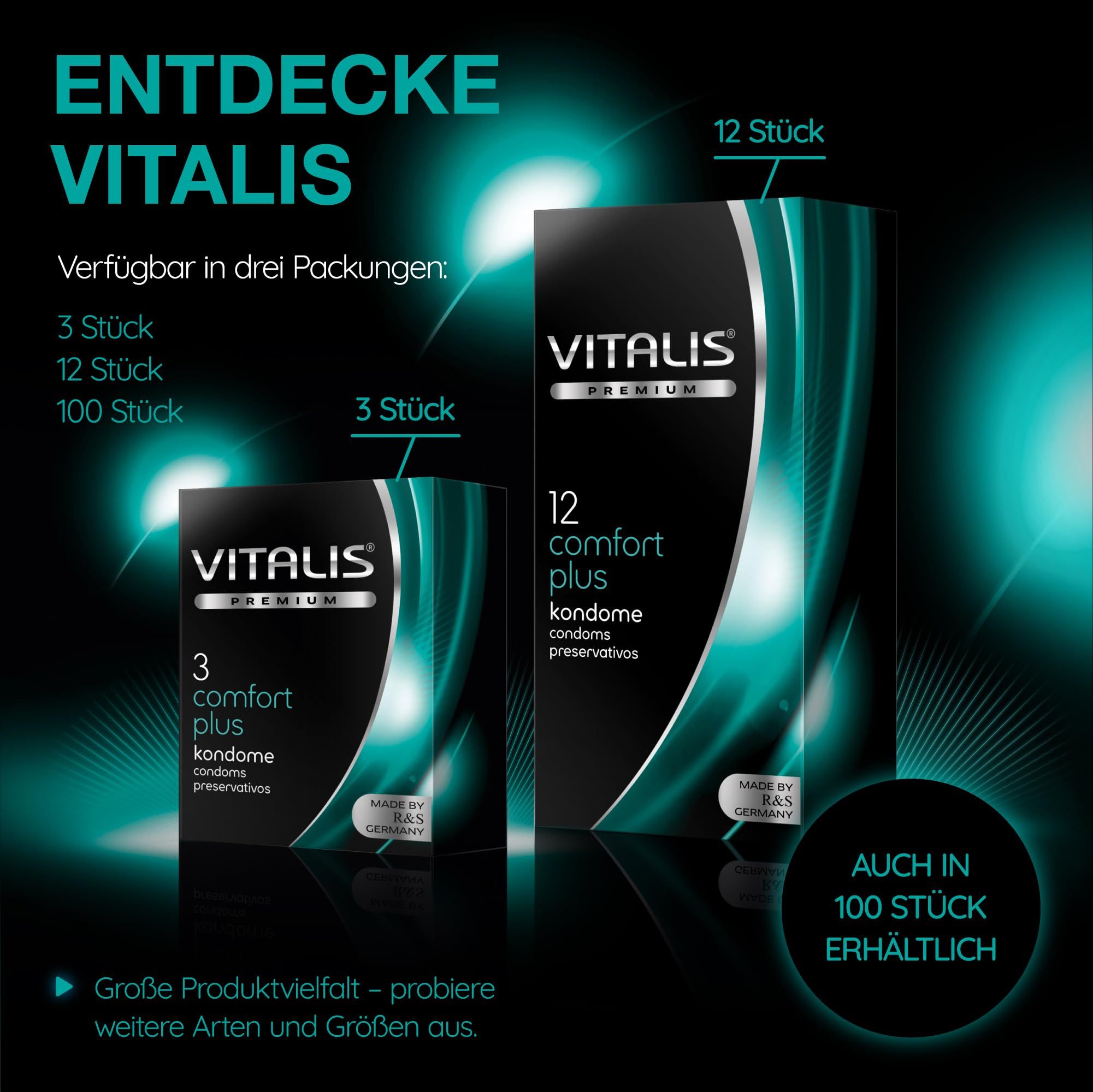 Vitalis Kondome: Erhältlich in Packungen zu 3, 12 und 100 Stück.