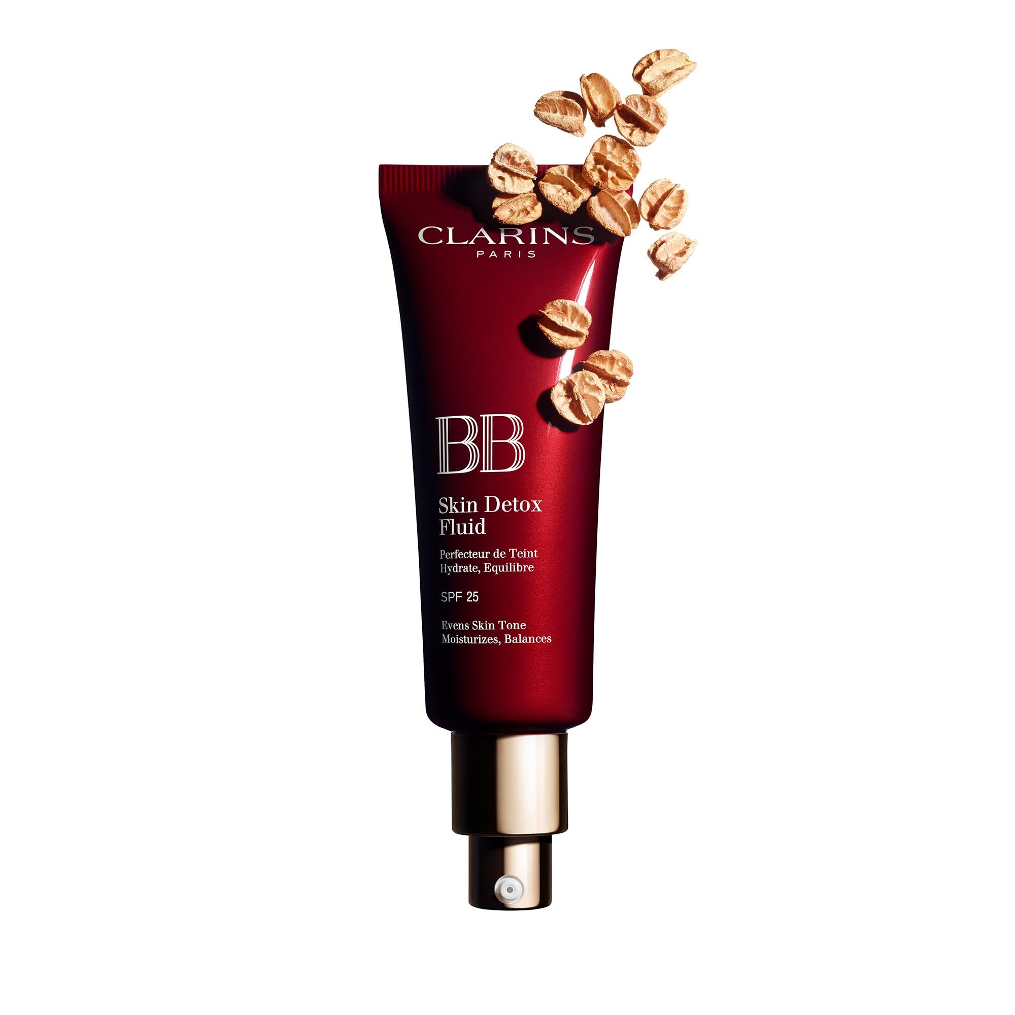 Rote Tube mit BB Skin Detox Fluid SPF25. Marke Clarins. Mit Haferflocken.