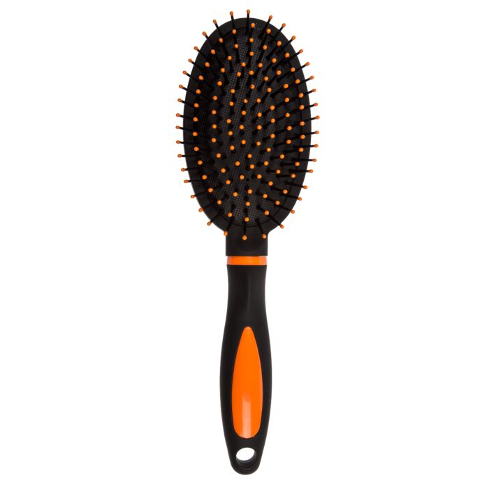 Brosse à cheveux ovale avec manche noir et accents orange. Picots orange.