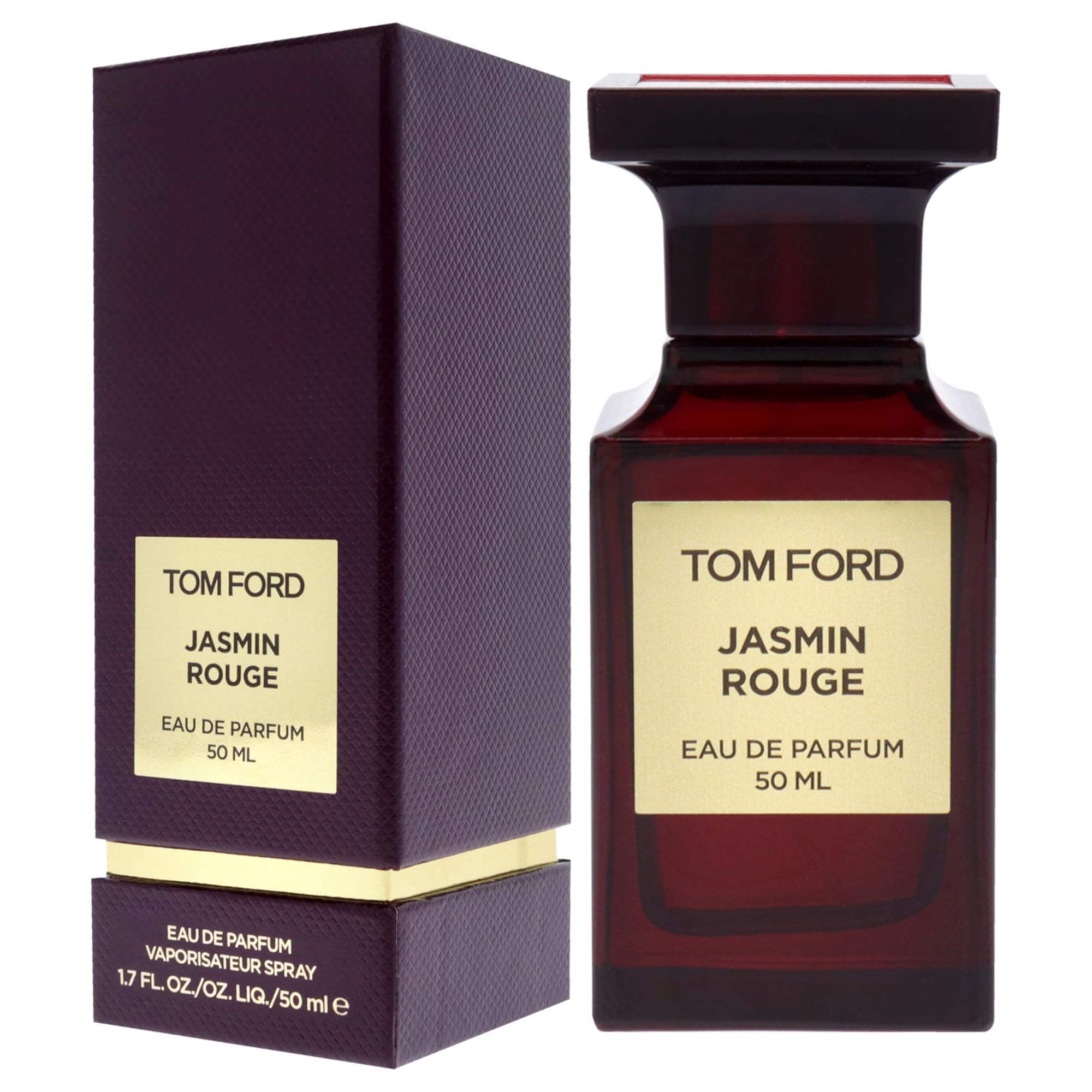 Dunkelroter Flakon und Verpackung. Aufschrift: Tom Ford Jasmin Rouge. Eau de Parfum. 50 ml. Rechteckige Form.