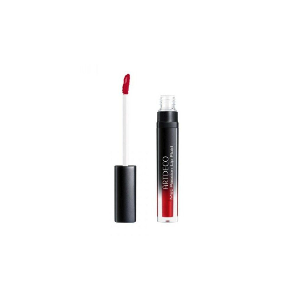 Artdeco Mat Passion Lip Fluid. Geöffnete Tube mit Applikator. Roter Inhalt. Schwarzer Deckel.
