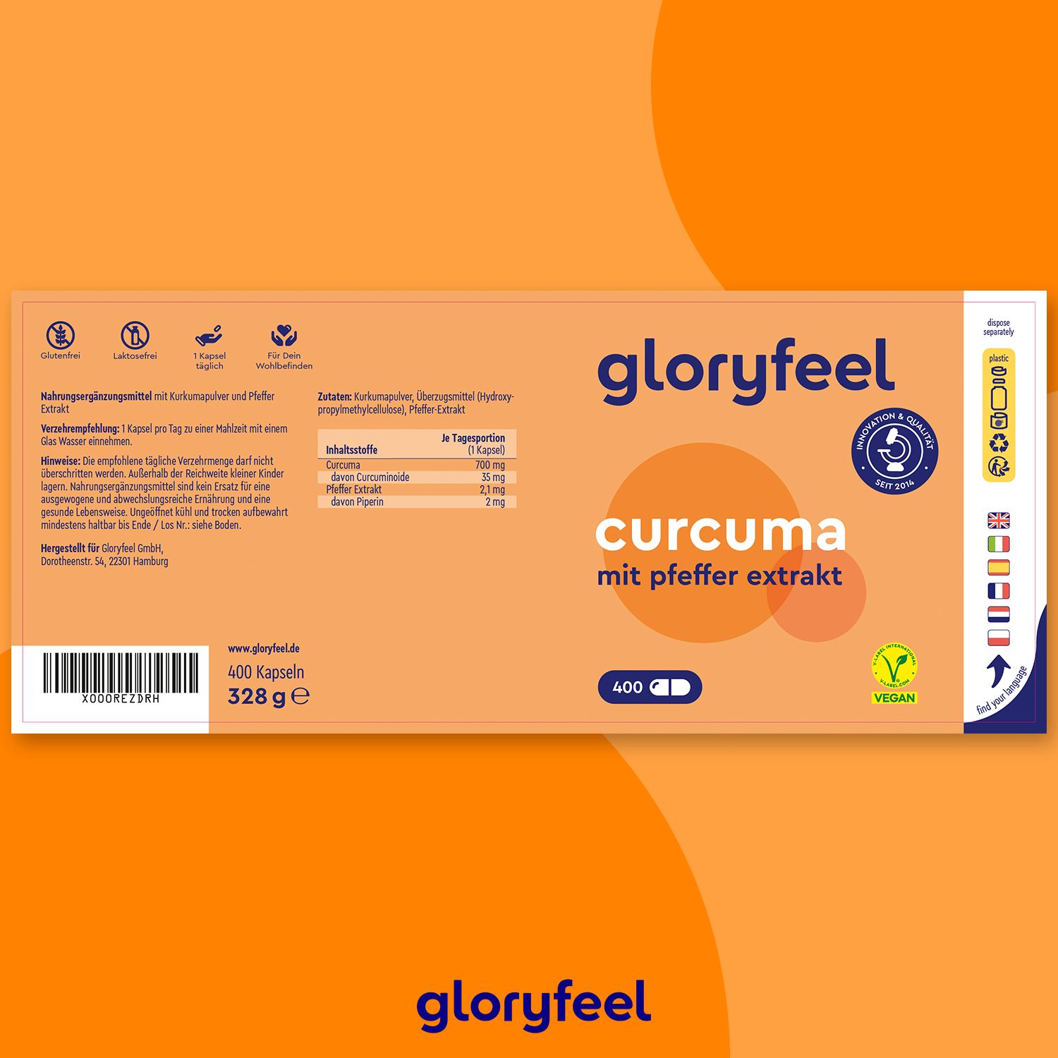 gloryfeel® Curcuma 400 mit Curcumin & Piperin St Kapseln