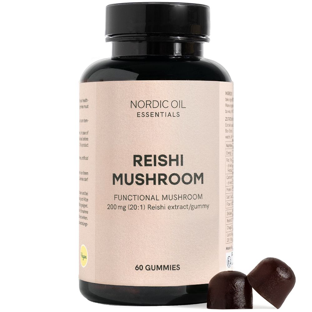 Braune Gummibärchen neben einer schwarzen Flasche mit Etikett. Auf dem Etikett steht "Reishi Mushroom" und "60 Gummies".