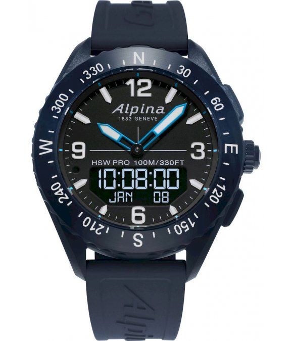 Dunkelblaue Smartwatch mit digitaler Anzeige. Zifferblatt mit Alpina-Logo und analogen Zeigern. Datumsanzeige.