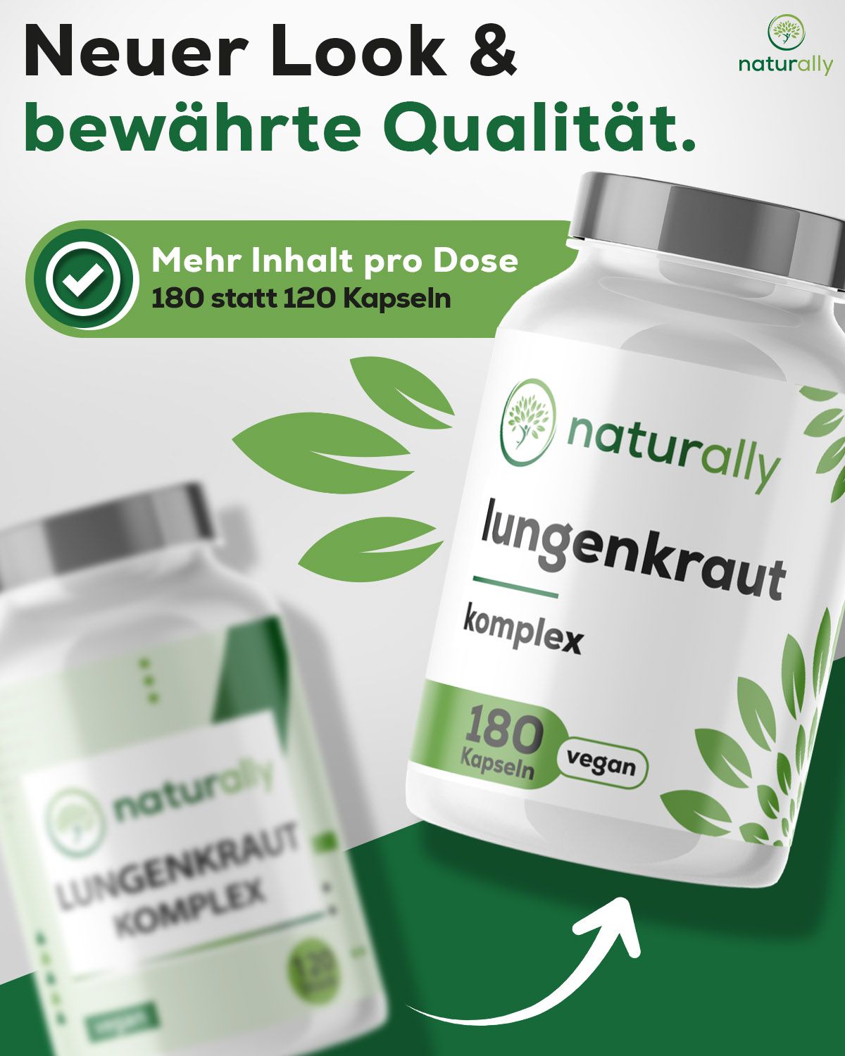 Werbetafel mit Flaschen und Text. naturally Lungenkraut Komplex, 180 Kapseln, vegan. Mehr Inhalt pro Dose.