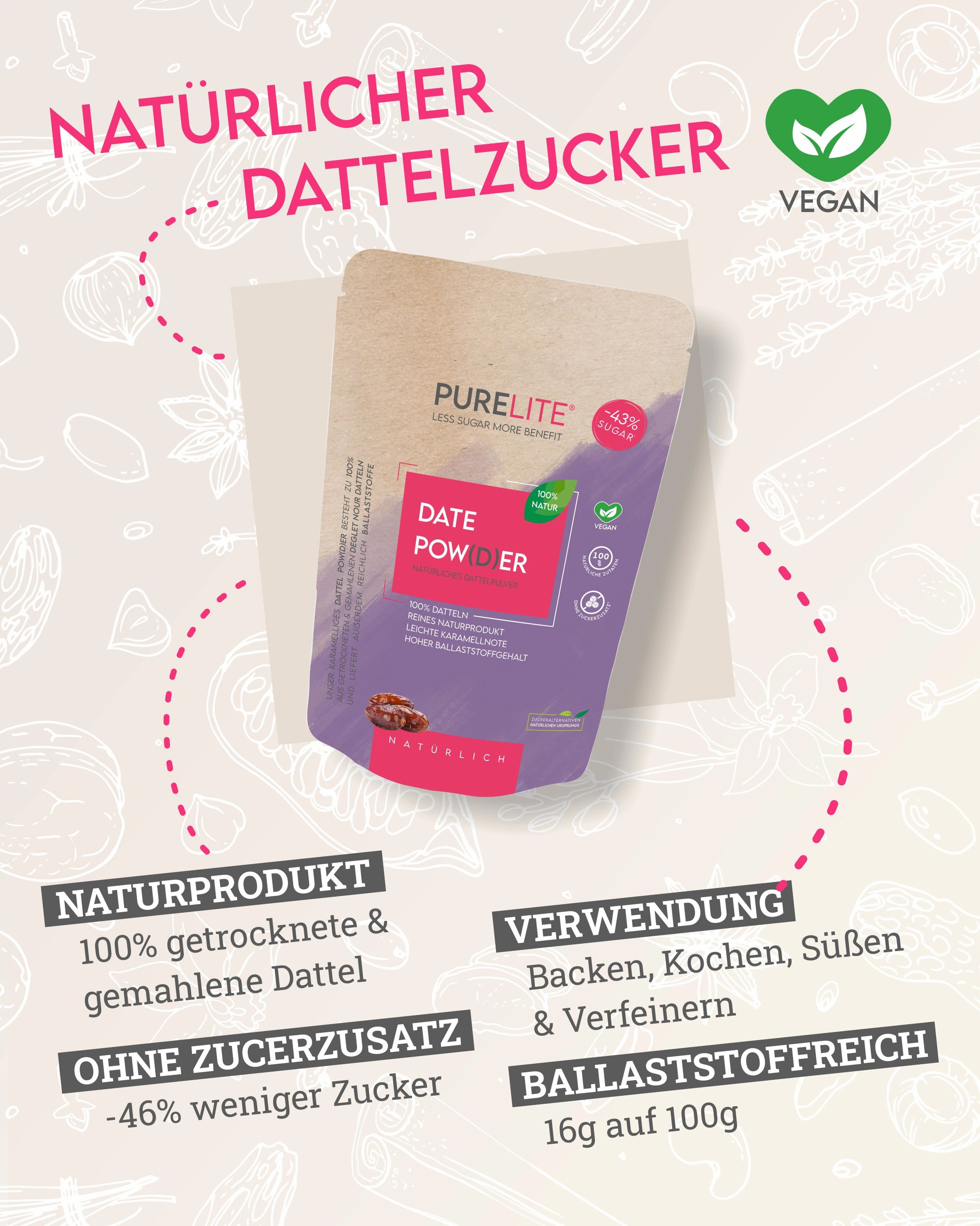 PURELITE Dattelzucker-Beutel. Natürliches Produkt, vegan. Text: Date Powder, -46% weniger Zucker, ballaststoffreich.