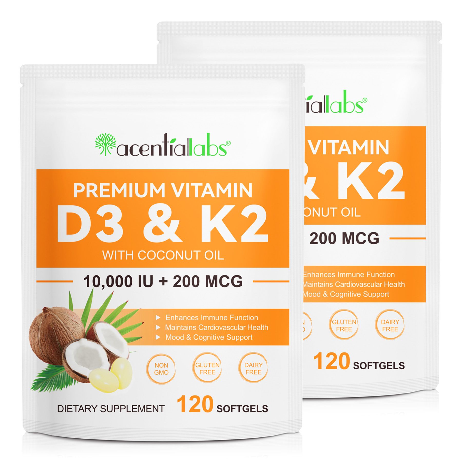 Acentiallabs Vitamin D3 + K2 mit 10,000 IE 200 mcg (Mk7) Premium Softgels 2x120 St Weichkapseln