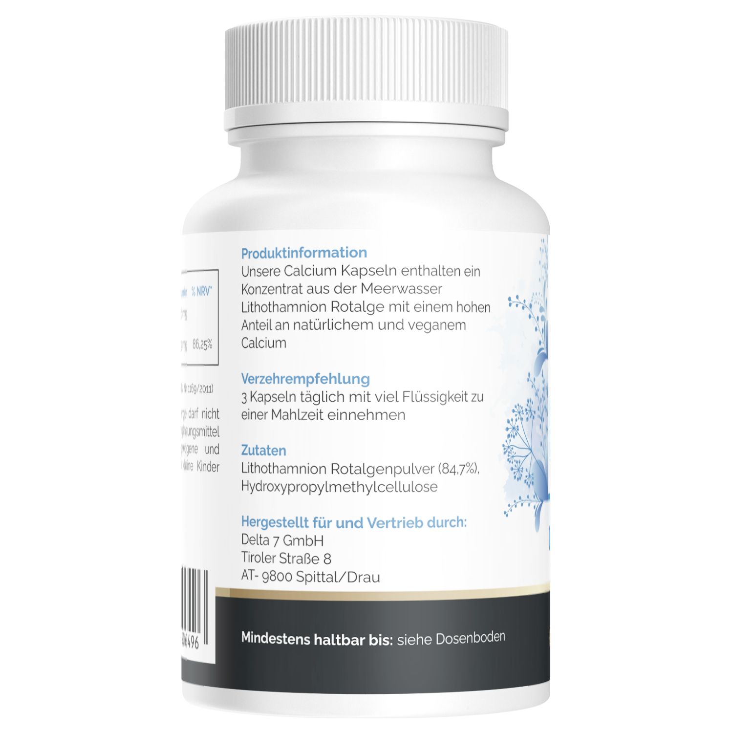 Rückseite der Flasche. Natural Pro Calcium. Produktinformationen und Zutatenliste.