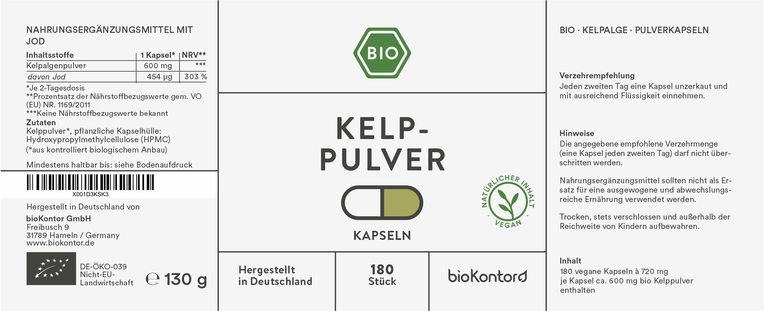Etikett mit Produktinformationen. Kelp-Pulver Kapseln, 180 Stück. Bio-Siegel, veganes Siegel. Inhaltsstoffe und Nährwertangaben.