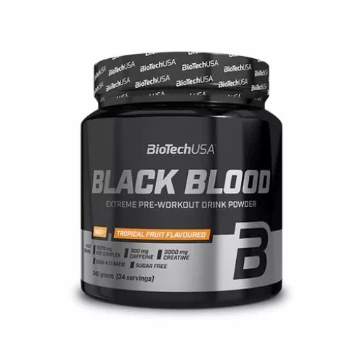 Schwarze Dose "BLACK BLOOD". "BioTechUSA" Logo. "Tropical Fruit Flavoured". 540g, 34 Portionen.