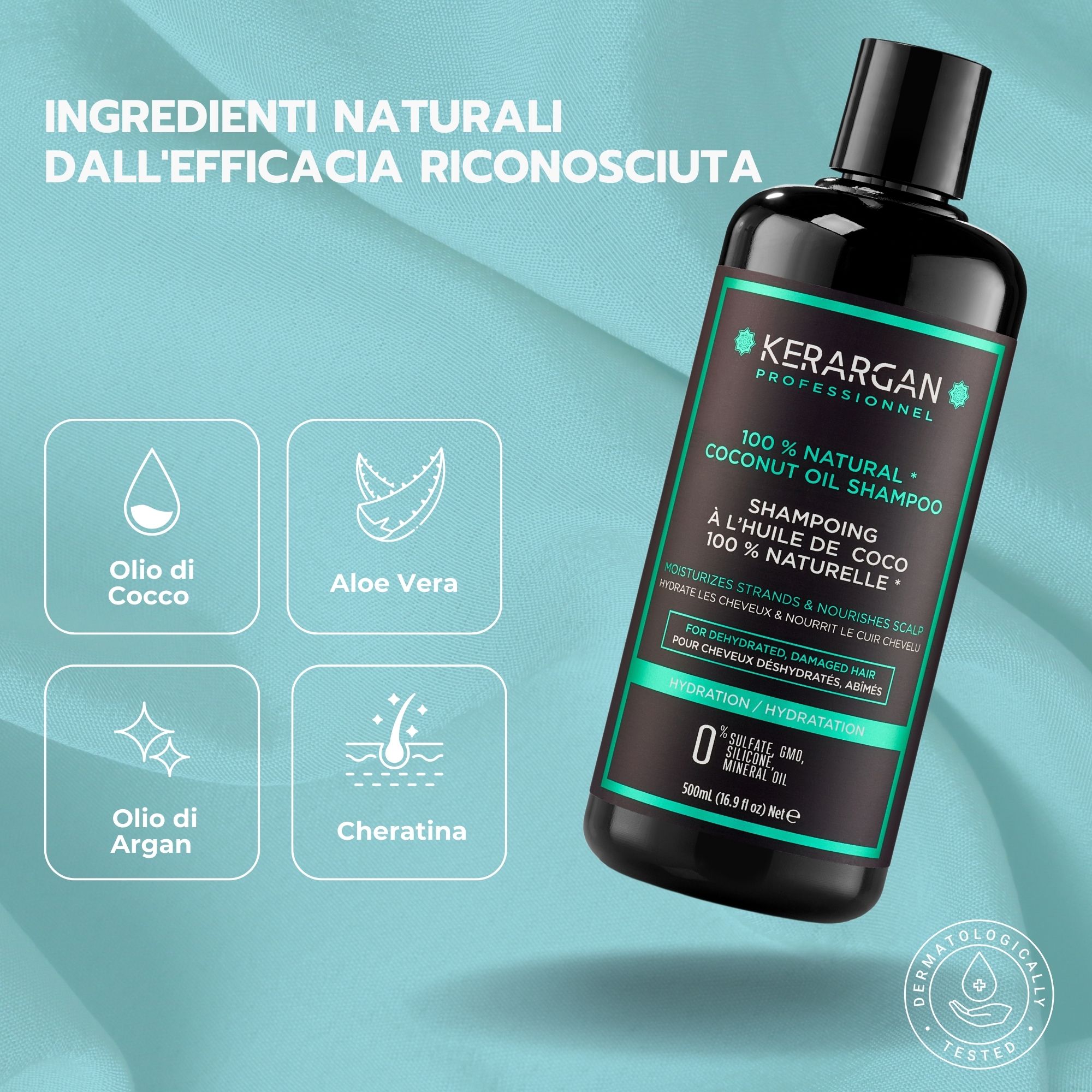 Testo: Ingredienti naturali dall'efficacia riconosciuta. Olio di cocco, Aloe Vera, Olio di Argan, Cheratina. Flacone di shampoo.