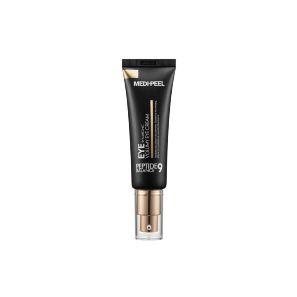 Schwarze Tube mit goldfarbenem Applikator. Aufschrift: MEDI-PEEL, EYE, HYALURONIC VOLUMY EYE CREAM, PEPTIDE 9 BALANCE.