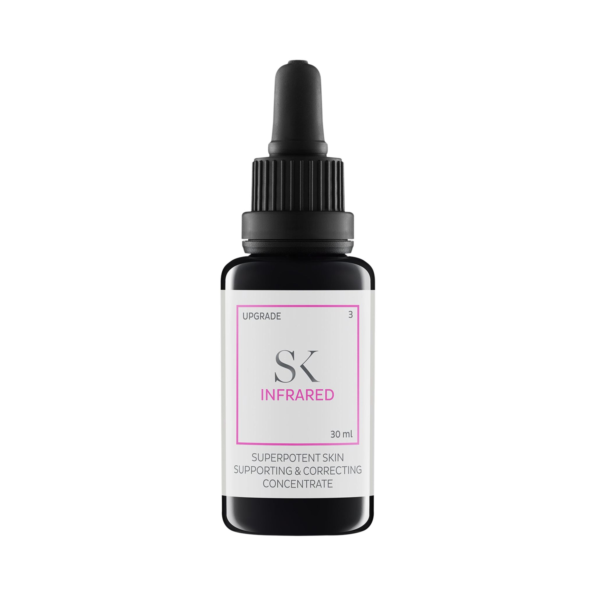 Donkere glazen fles met zwarte dop en pipet. Label met SK Infrared, 30 ml. Ondersteunend en corrigerend huidconcentraat.